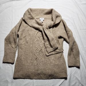 Loft Womens Large Merino Wool Blend Cowl Neck Cable Knit Sweater Tan Beige